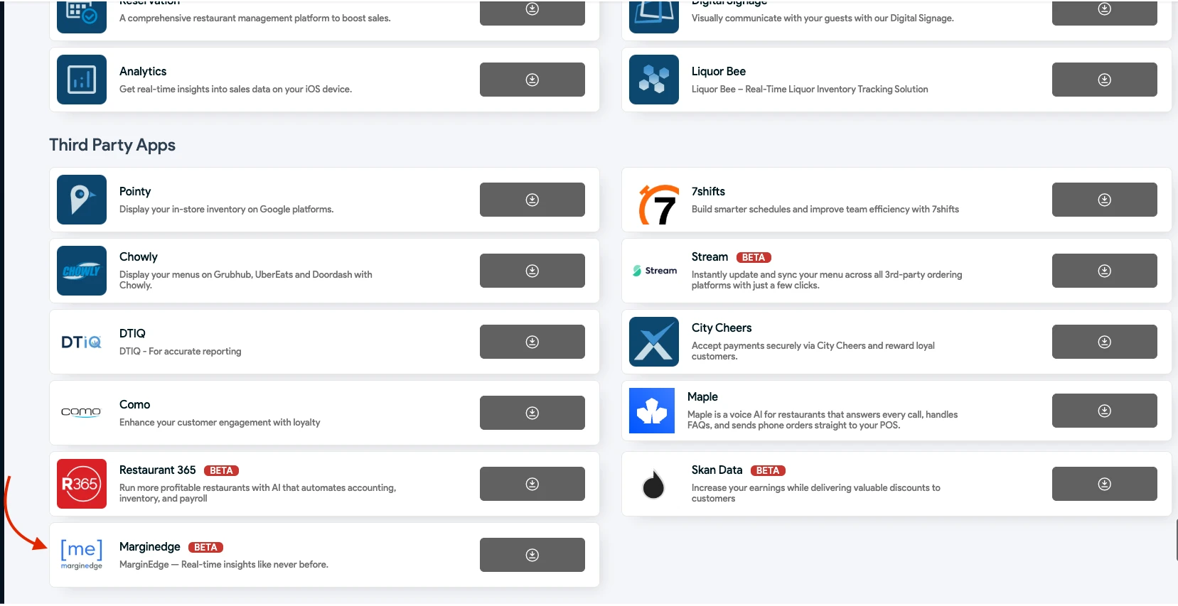 Image showing MarginEdge in the list and the gray download button on the right side
