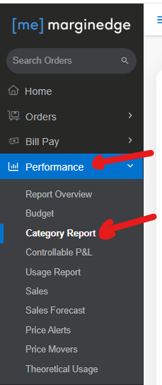 MarginEdge Performance menu with the Category Report option highlighted