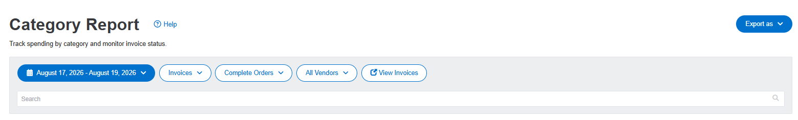 Category Report options bar showing the date range selector, Invoices/Categories toggle, Only Complete Invoices/All Invoices filter, Vendor filter, MarginEdge Categories/Accounting Categories selector, View Invoices button, and Export As button